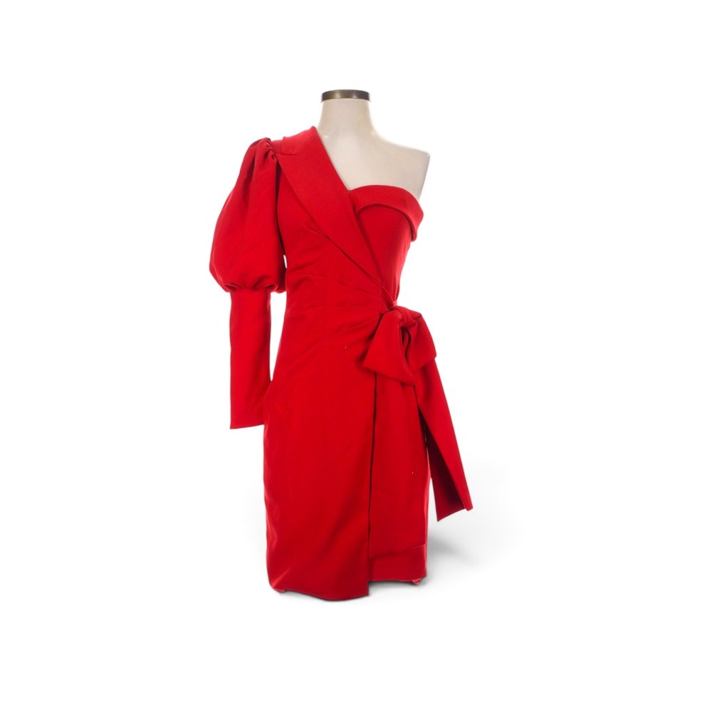 Cache‎ Red One-Shoulder Dress with Puff Tailored Sleeve & Exaggerated Bow